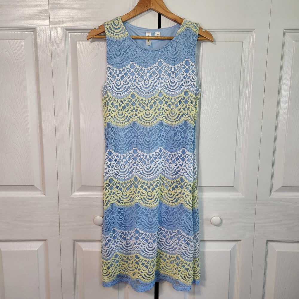 Tacera Blue White Yellow Striped Lace Sleeveless S Dress Medium Pastel‎ Colorful